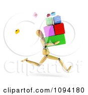 Poster, Art Print Of 3d Wooden Mannequin Running With A Pile Of Gift Boxes