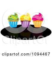 Poster, Art Print Of Cupcakes With Green Yellow And Pink Frosting And Sprinkles On A Black Oval