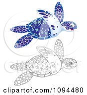 Poster, Art Print Of Outlined And Blue Sea Turtles Swimming