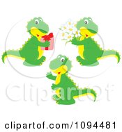 Poster, Art Print Of Green T Rex Dinosaurs With Flowers And A Gift