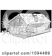 Clipart Outlined Winter Cottage In The Snow Royalty Free Vector Illustration by dero