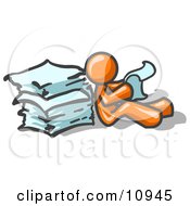 Orange Man Leaning Against A Stack Of Papers