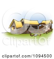 Chickens And Pigs By Barns On A Farm