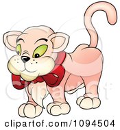 Clipart Pink Cat Wearing A Red Bow Royalty Free Vector Illustration