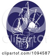 Poster, Art Print Of Retro Blue And White Bagpipe Player