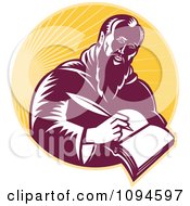 Poster, Art Print Of Retro Man Or St Jerome Writing In A Book Over Rays