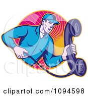 Clipart Retro Landline Repair Man Holding A Phone Over Rays Royalty Free Vector Illustration by patrimonio
