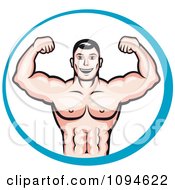 Poster, Art Print Of Strong Male Bodybuilder Flexing Biceps In A Blue Circle