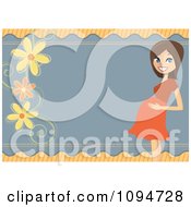 Poster, Art Print Of Pregnant Brunette Woman Holding Her Baby Bump Bridal Shower Border With Flowers And Copyspace