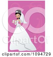 Clipart Gorgeous Black Haired Bride Holding Her Bouquet Over Pink With Swirls And Copyspace Royalty Free Vector Illustration