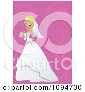 Clipart Gorgeous Blond Bride Holding Her Bouquet Over Pink With Swirls And Copyspace Royalty Free Vector Illustration