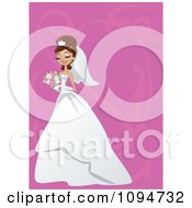 Poster, Art Print Of Gorgeous Brunette Bride Holding Her Bouquet Over Pink With Swirls And Copyspace
