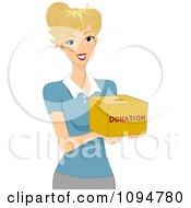 Smiling Blond Woman Holding Out A Donation Box