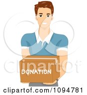 Smiling Brunette Man Holding Out A Donation Box