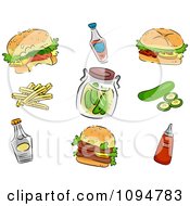 Poster, Art Print Of Hamburgers Condiments Pickels And Fries