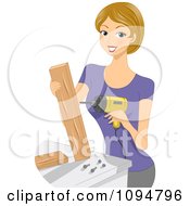 Poster, Art Print Of Smiling Blond Woman Using A Power Drill On Wood