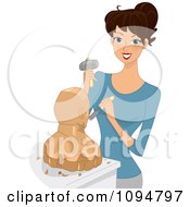 Poster, Art Print Of Happy Brunette Woman Working On A Wod Sculpture