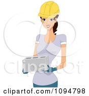 Poster, Art Print Of Smiling Brunette Construction Worker Woman Holding A Cinderblock