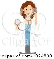 Poster, Art Print Of Beautiful Brunette Female Doctor Or Veterinarian Holding A Stethoscope