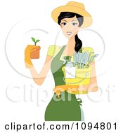 Poster, Art Print Of Happy Black Haired Woman Holding A Seedling Plant And Gardening Supplies