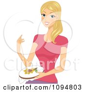 Clipart Smiling Blond Woman Cross Stitching A Sunflowe Royalty Free Vector Illustration