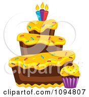 Poster, Art Print Of Funky Tiered Chocolate Cake And Cupcake With Yellow Frosting Sprinkles And Candles