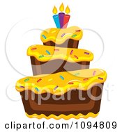 Poster, Art Print Of Funky Tiered Chocolate Cake With Yellow Frosting Birthday Candles And Sprinkles