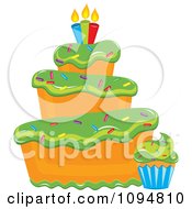 Poster, Art Print Of Funky Tiered Vanilla Cake And Cupcake With Green Frosting Sprinkles And Candles