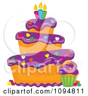 Poster, Art Print Of Funky Tiered Vanilla Cake And Cupcake With Purple Frosting Heart Sprinkles And Candles