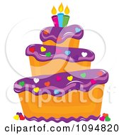 Poster, Art Print Of Funky Tiered Vanilla Cake With Purple Frosting Birthday Candles And Heart Sprinkles