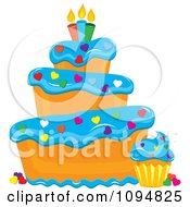 Poster, Art Print Of Funky Tiered Vanilla Cake And Cupcake With Blue Frosting Heart Sprinkles And Candles