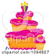 Poster, Art Print Of Funky Tiered Vanilla Cake And Cupcake With Pink Frosting Star Sprinkles And Candles