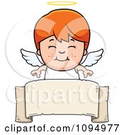 Poster, Art Print Of Smiling Red Haired Angel Boy Over A Banner