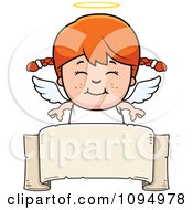 Poster, Art Print Of Smiling Red Haired Angel Girl Over A Banner