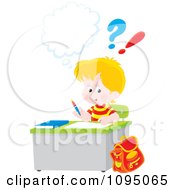 Poster, Art Print Of Blond School Boy Doing Homework At His Desk