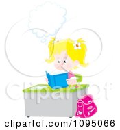 Poster, Art Print Of Blond School Girl Thinking And Reading A Book At Her Desk
