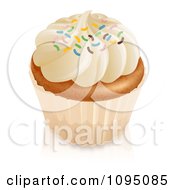Poster, Art Print Of 3d Vanilla Cupcake With White Frosting And Colorful Sprinkles