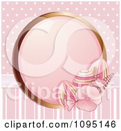 Clipart 3d Pink Striped Easter Eggs And Pansies With A Gold Frame Over Polka Dots And Stripes Royalty Free Vector Illustration by elaineitalia