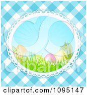 Poster, Art Print Of 3d Speckled Easter Eggs In Grass Under Sunshine Over Blue Gingham