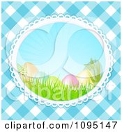 3d Speckled Easter Eggs In Grass Under Sunshine Over Blue Gingham