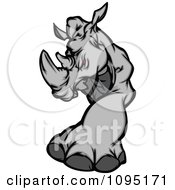 Clipart Mad Red Eyed Rhino Mascot With One Leg Forward Royalty Free Vector Illustration