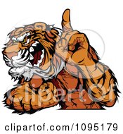 Strong Tiger Mascot Champion Flexing And Holing Up A Finger