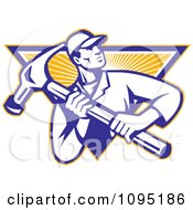 Clipart Retro Carpenter Carrying A Large Hammer Over A Ray Triangle Royalty Free Vector Illustration
