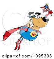 Poster, Art Print Of Flying Super Dog Flashing A Smile And Holding An American Flag