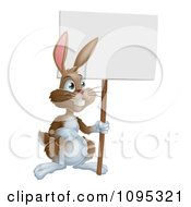 Clipart Smiling Brown Bunny Holding A Blank Easter Sign Royalty Free Vector Illustration