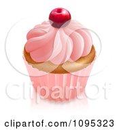 3d Vanilla Cupcake With Pink Frosting And Wrapper Topped With A Cherry