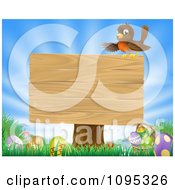 Robin Perched On A Blank Wood Sign Over Easter Eggs In Grass Over A Sunny Sky