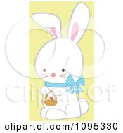Poster, Art Print Of Cute White Easter Bunny With A Blue Bow And Basket Of Eggs