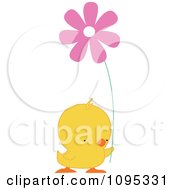 Poster, Art Print Of Yellow Easter Chick Holding A Pink Daisy Flower