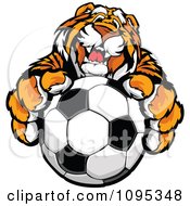 Poster, Art Print Of Friendly Tiger Mascot Holding Out A Soccer Ball